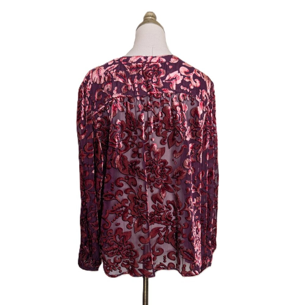 Chicos Velvet Burnout Blouse Size XL 3 Burgundy Long Sleeve Whimsigoth Victorian - Picture 5 of 6